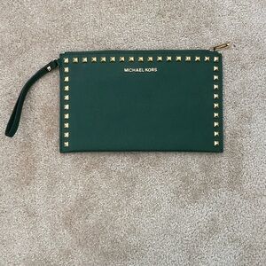 Michael Kors Dark Green Saffiano Studded Wristlet Clutch